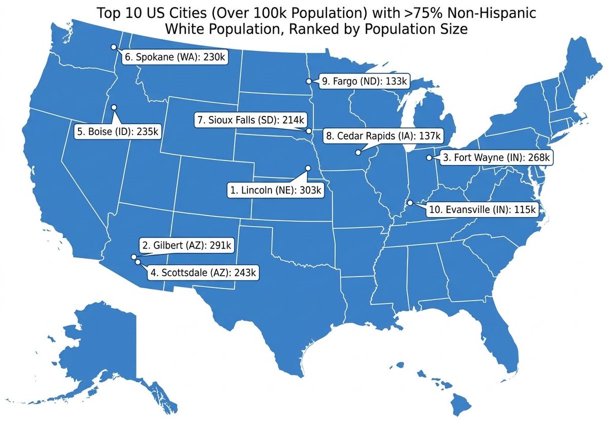 KangusB3's tweet photo. Here are the top 10 largest US cities where White non Hispanic people are 75%+ or more of the population https://t.co/sSzvhZ35oy