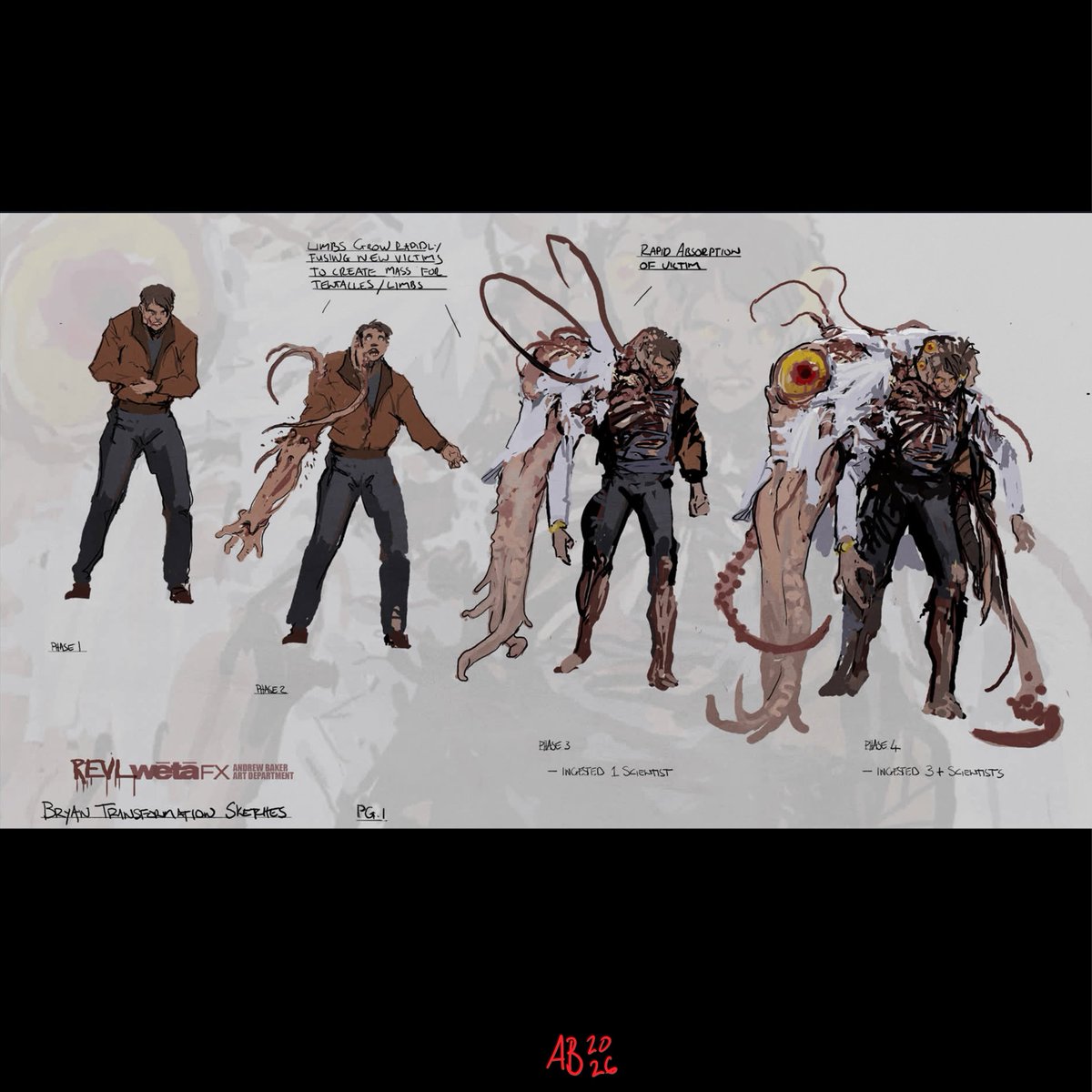 RENews_X's tweet photo. 🎨 Official concept art for mutated Bryan from Zach Cregger's 'RESIDENT EVIL' movie.

✍️ Concept artist Andrew Baker noted that none of this was made with AI, describing the work as “pure human chaos.”

🗣️ "I came on to the show late in the game... We were weeks out from shooting & Zach wanted a fresh design to this monster! In a world of AI & highly polished concept art, I took a shot at approaching the show with a more energetic, graphic style.

Putting the focus on silhouette & colour blocking, I began with really rough color ‘sketches’. These allowed me to quickly identify what was costume, ‘monster’ & human while being imaginative with pose & silhouette.

This is A LOT OF THE KEY elements to the design were found & this was the sketch Zach loved (last frame).
I love working this way & after a tough year, it's great to be a fan of the film & see it received so well!"

(via: Andrew Baker / WETA FX)