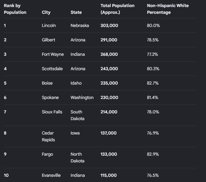 KangusB3's tweet photo. Here are the top 10 largest US cities where White non Hispanic people are 75%+ or more of the population https://t.co/sSzvhZ35oy