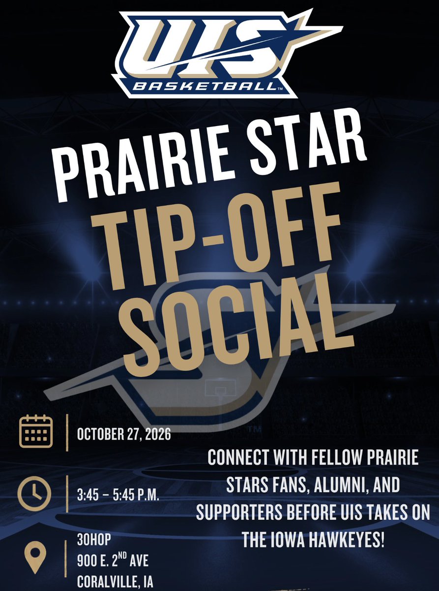 UISHoops's tweet photo. 🚨Fans, Alumni and UIS MBB Supporters🚨 

Planning on attending tomorrow’s game against the Iowa Hawkeyes? Join the UIS MBB team along with our advancement team for a Tip-Off Social at 30 Hop Coralville from 3:45-5:45 PM prior to the Prairie Stars take on the Hawkeyes at 6:30! https://t.co/o8wy6mDa6S