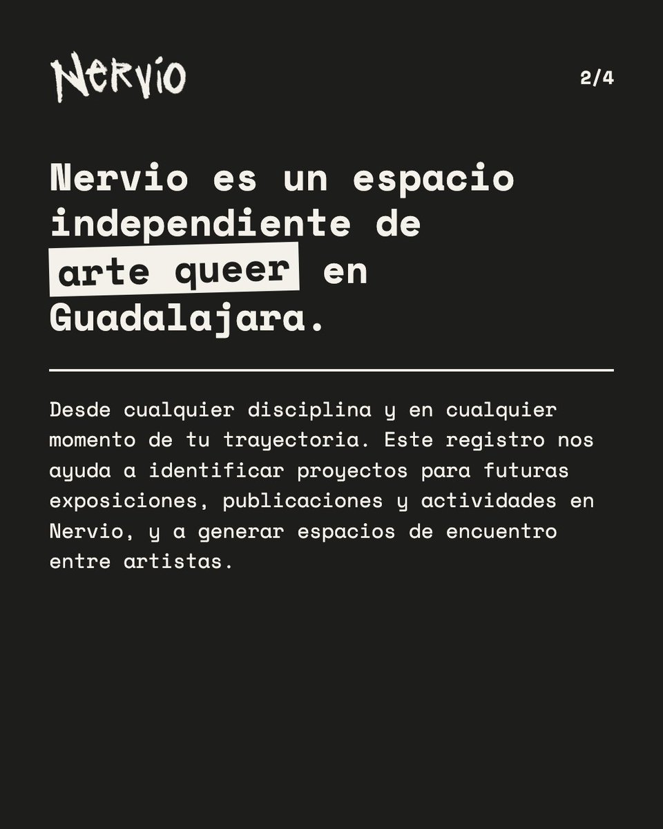 NervioArt's tweet photo. Artista queer: queremos conocerte.

Nervio, espacio independiente de arte queer en Guadalajara, abre una red para artistas de GDL, México y Latinoamérica. Cualquier disciplina, cualquier momento.

¿Conoces a alguien? Compártelo.
https://t.co/56ovxlDoOu https://t.co/hIUXuRMon1