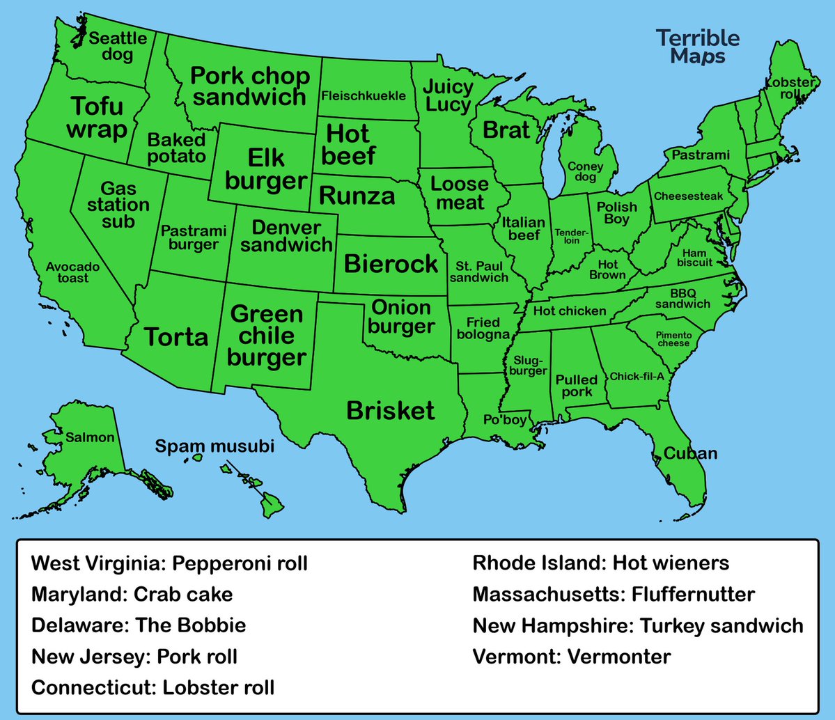 TerribleMaps's tweet photo. The signature sandwich of each state https://t.co/dJ1bBMKqec