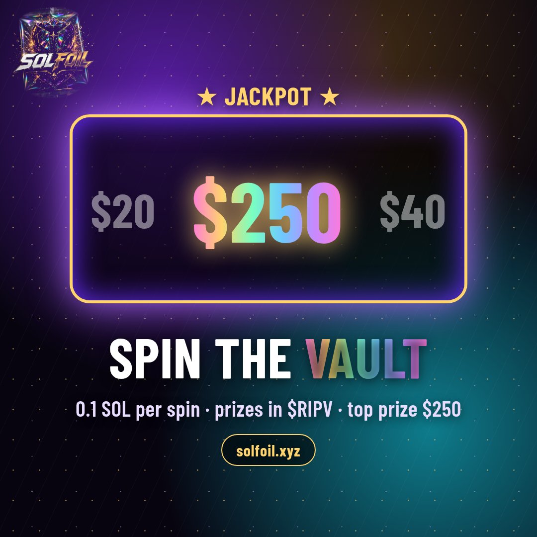 SolFoilxyz's tweet photo. VAULT OPENED 🔓💎 SolFoil is a Solana pack-rip &amp; spin game on devnet w/ FREE spins 🎰🔥 $RIPV payouts COMING SOON 👀 spin the vault, chase the heat: https://t.co/vrX3PMEEc3 $RIPV #SolFoil #Solana #SOL #CryptoGaming #Memecoin https://t.co/OanJb4Z7N5