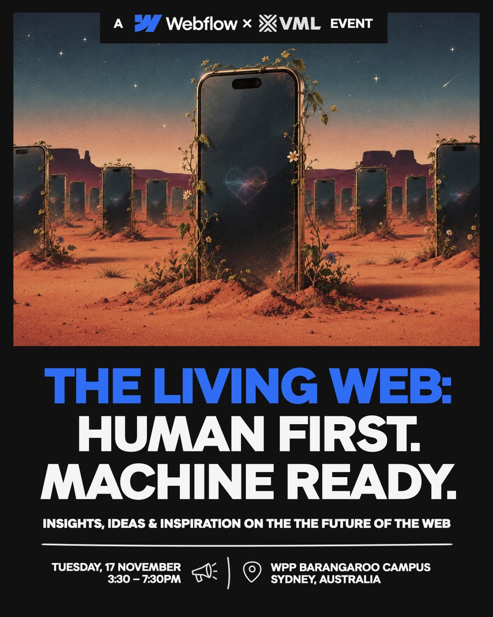 webflow's tweet photo. On Nov 17, Webflow and VML bring senior marketing and growth leaders to Sydney to talk about where the web goes next.

Agents work on live sites. AI answers before anyone reaches you. The best sites keep improving after launch.

Apply to attend: https://t.co/9FOJQOmVnJ https://t.co/8NA1WQkdgk