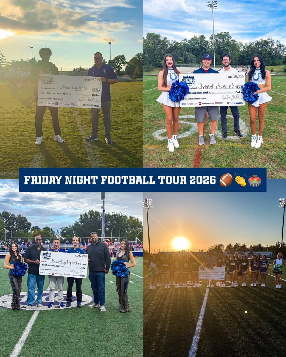 ColtsLife's tweet photo. friday night lights + giving back to Indiana football. 🏈💙
 
Our Friday Night Football Tour celebrated high school football across the state, with each school receiving a donation to their athletic department to keep growing the game! 🙌 

#ThisIsHSFootball https://t.co/Aq6G7H8igo
