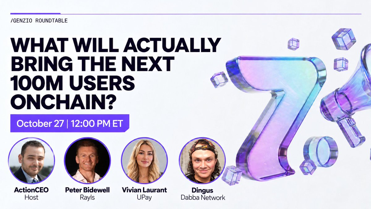 Genzio's tweet photo. Crypto has spent years building the infrastructure. But what will actually bring the next 100 million users onchain?

From payments and consumer apps to better user experiences, we're exploring what it will take to make Web3 mainstream.

Join us tomorrow for our Genzio Roundtable featuring:

🎙️ @petebidewell | @RaylsLabs 
🎙️ @vivianonchain | @UPayOfficial_EN 
🎙️ @dingusUSA | @DabbaNetwork 

Hosted by @ActionCEO

📅 October 27 | 12 PM ET

https://t.co/FBVFHt2q6p