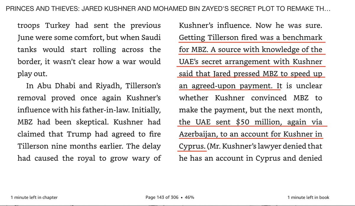 PiperK's tweet photo. This book is really damning for Kushner. It claims the UAE paid Kushner $50 million to get Rex Tillerson fired as Secretary of State. https://t.co/nFQIA2LfOp