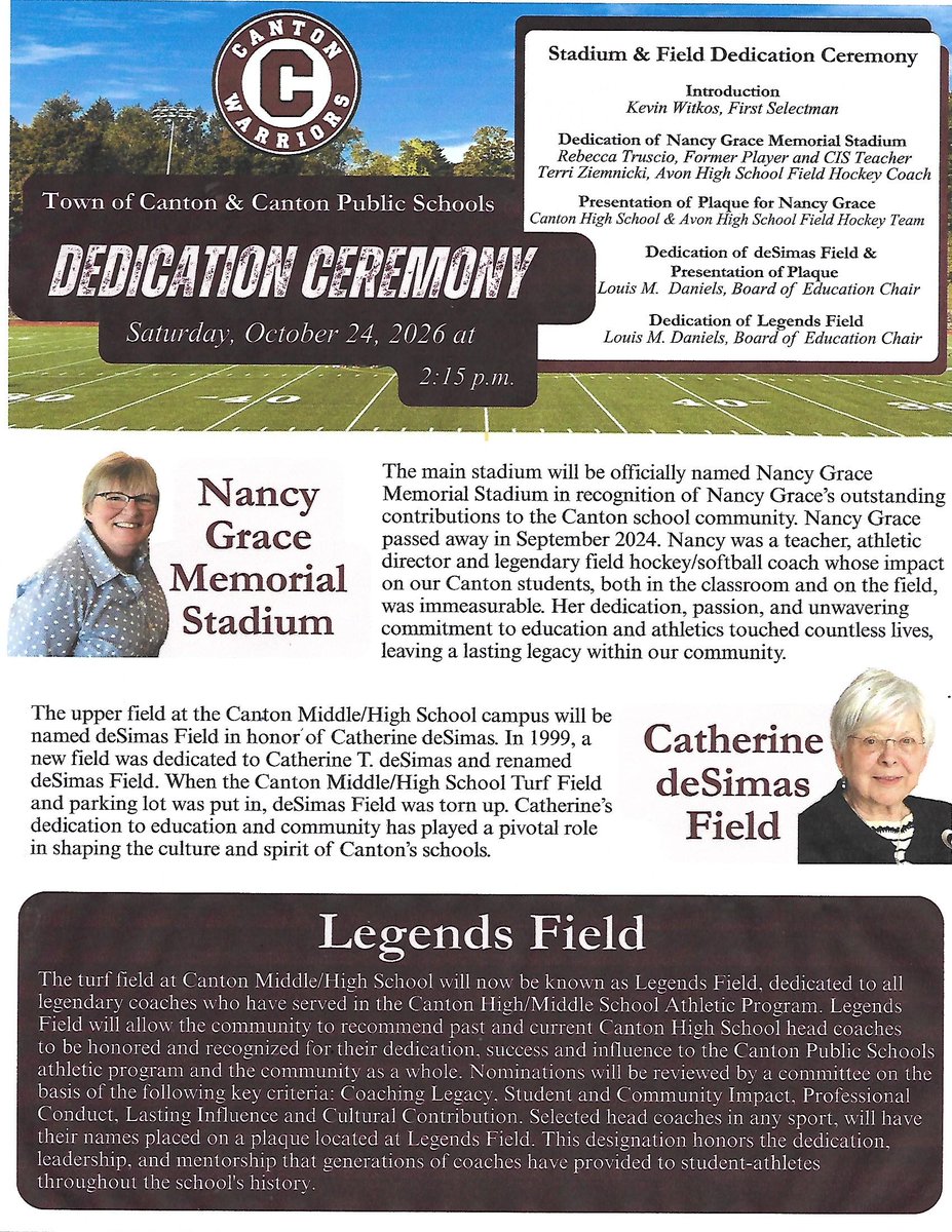 ciacsports's tweet photo. A special Saturday in Canton as the hometown Warriors hosted Avon in field hockey (game ended 0-0 tie)! #ctfh

The stadium was dedicated to the memory, in honor of the contributions, of legendary Canton Field Hockey Coach Nancy Grace, an 8-time state champion. Back in the day, visiting teams were greeted with "Welcome to Graceland" spray painted on the side of the hill that overlooked the grass field.

The upper field as the Canton Middle/High School was named in honor of Catherine DeSimas, who for over a quarter century served on the Canton Board of Education.

After the game, the Canton and Avon players shared cookies and desserts on the field!

Gerry deSimas, Jr. has some excellent coverage for the Collinsville Press. @CantonCTInfo @AHS_Falcons @AvonFalcons 

https://t.co/ke056x2tHR