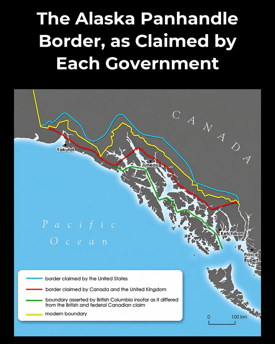amazingmap's tweet photo. A tribunal settled the Alaska panhandle border in 1903, largely in the US's favour. https://t.co/9LMV3uD7c7
