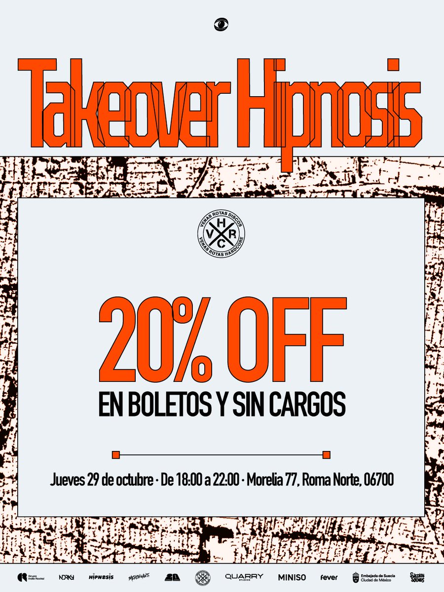 indierocks's tweet photo. Hipnosis Takeover llega a Venas Rotas Discos. ⚡️👁️⚡️

Este 29 de octubre, disfruta de una noche de sets y consigue tus boletos para Hipnosis 2026 sin cargos y con 20% de descuento.

También habrá venta de pases para el Road to Hipnosis con Mac DeMarco este 6 de noviembre. https://t.co/sdSxbTMoSJ