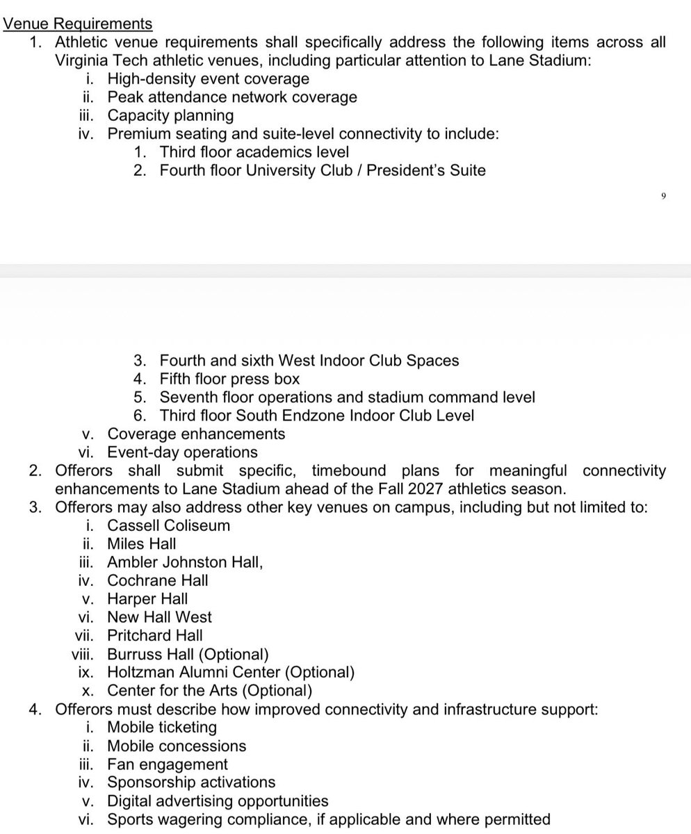 DougBowman247's tweet photo. Virginia Tech issued an RFP today for a “strategic distributed antenna partnership” that aims to, among other items, enhance WiFi at Lane Stadium during football games by Fall 2027. #Hokies https://t.co/y43mrpe1vQ