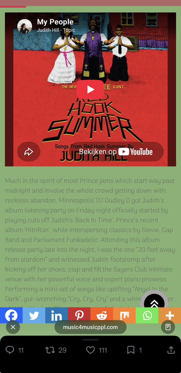 PrinceOnThisDay's tweet photo. Prince Endorses Judith Hill Live Review on Twitter, October 26, 2015.

On Monday, October 26, 2015, at 23:14:29 GMT, Prince (@prnlegacy) posted a concise endorsement: “THAT https://t.co/Me4enOv9ZS GOOD!”
The linked Music4MusicPPL piece by Carlita covers Judith Hill’s album-release party for Back In Time at The Sayers Club. Prince co-produced the blues-and-funk debut, which he had earlier given away free to fans. At the intimate show, Hill delivered “Angel In the Dark,” “Cry, Cry, Cry,” and a “Pure Imagination” cover, removing her shoes to footstomp while powering the room with vocals and piano.

Prince’s short tweet amplifies the review, signaling his support for Hill’s solo turn after she stepped forward from backup roles with Michael Jackson and others (and after appearing in 20 Feet From Stardom). It reflects his active 2015 promotion of the album—via Paisley Park events and social posts—highlighting Hill’s raw live presence and the record’s quality just as it reached wider release. Replies echoed the praise, calling tracks “forever jams” and noting strong reviews and performances.
The post captures Prince’s direct, enthusiastic style of boosting collaborators he believed in. 
#PrinceOnThisDay