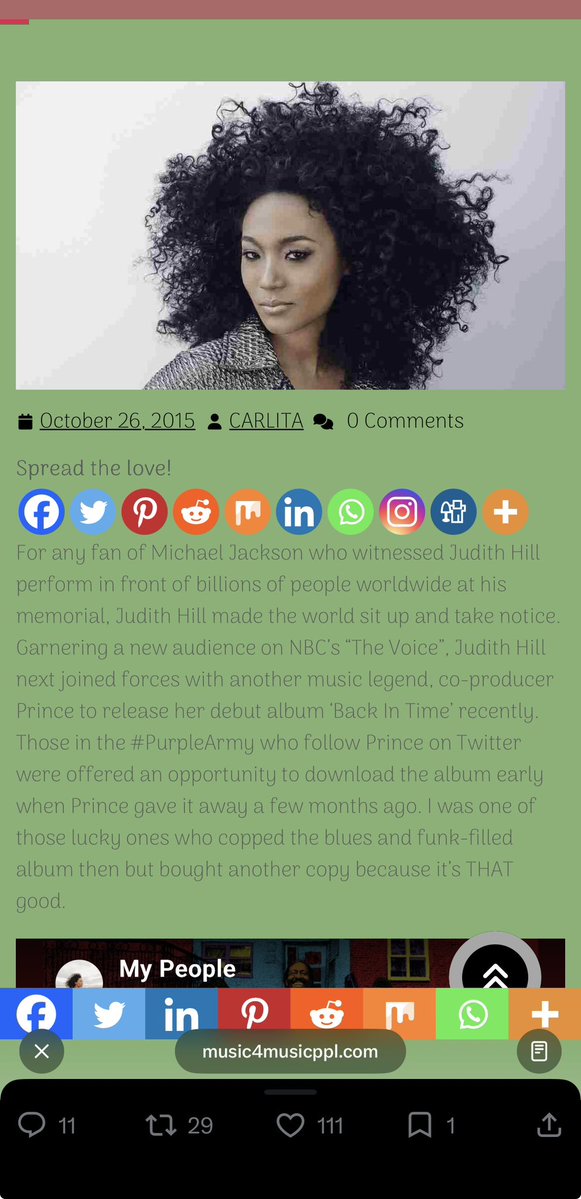 PrinceOnThisDay's tweet photo. Prince Endorses Judith Hill Live Review on Twitter, October 26, 2015.

On Monday, October 26, 2015, at 23:14:29 GMT, Prince (@prnlegacy) posted a concise endorsement: “THAT https://t.co/Me4enOv9ZS GOOD!”
The linked Music4MusicPPL piece by Carlita covers Judith Hill’s album-release party for Back In Time at The Sayers Club. Prince co-produced the blues-and-funk debut, which he had earlier given away free to fans. At the intimate show, Hill delivered “Angel In the Dark,” “Cry, Cry, Cry,” and a “Pure Imagination” cover, removing her shoes to footstomp while powering the room with vocals and piano.

Prince’s short tweet amplifies the review, signaling his support for Hill’s solo turn after she stepped forward from backup roles with Michael Jackson and others (and after appearing in 20 Feet From Stardom). It reflects his active 2015 promotion of the album—via Paisley Park events and social posts—highlighting Hill’s raw live presence and the record’s quality just as it reached wider release. Replies echoed the praise, calling tracks “forever jams” and noting strong reviews and performances.
The post captures Prince’s direct, enthusiastic style of boosting collaborators he believed in. 
#PrinceOnThisDay