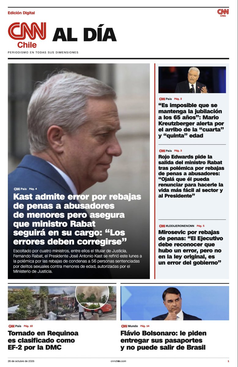 CNNChile's tweet photo. Te dejamos la edición de nuestro papel digital para este martes 27 de octubre ¡No te pierdas ningún contenido! https://t.co/Cnbryv6gwY https://t.co/2D0zI0xOBn