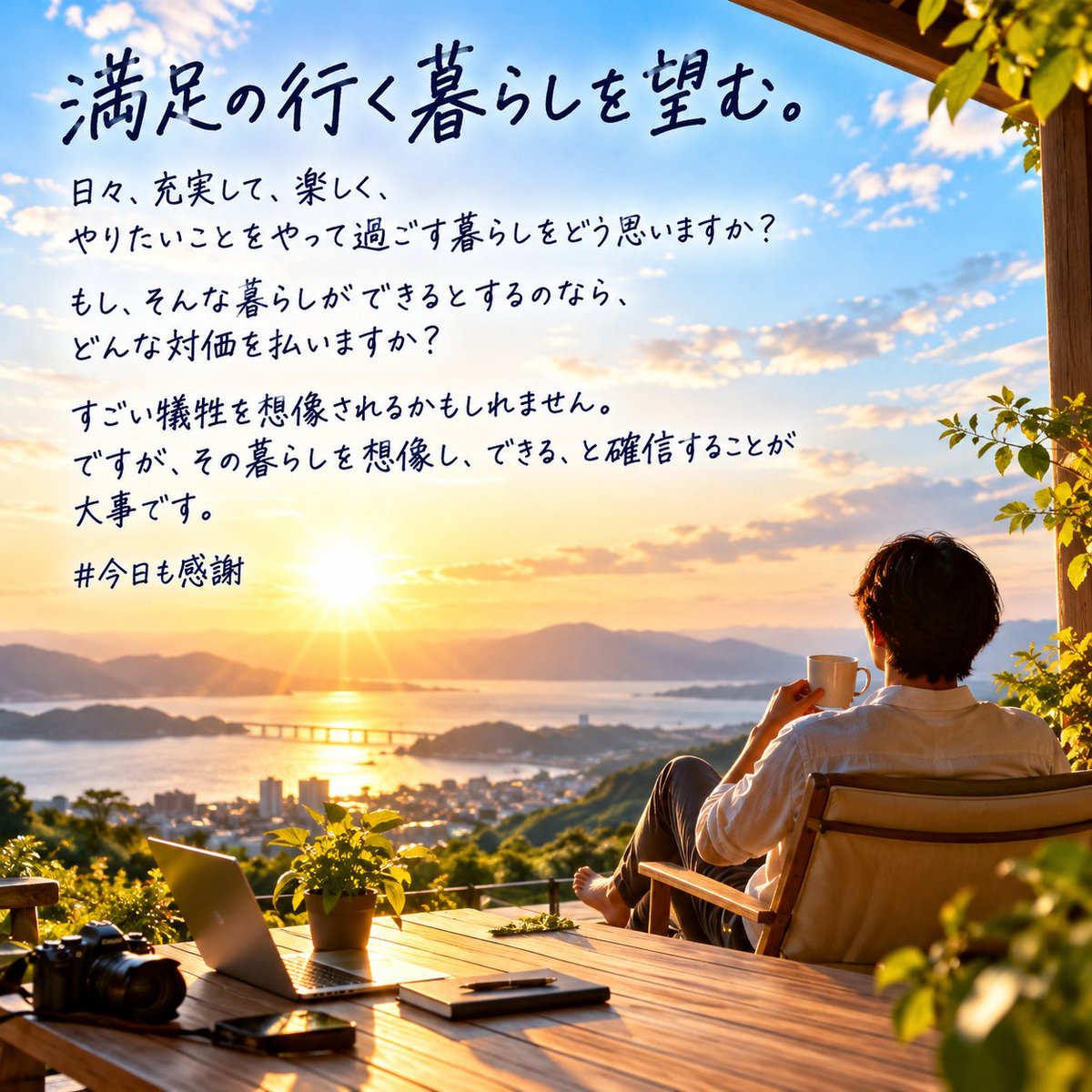 MultiReflection's tweet photo. 満足の行く暮らしを望む。

日々、充実して、楽しく、やりたいことをやって過ごす暮らしをどう思いますか？
もし、そんな暮らしができるとするのなら、どんな対価を払いますか？
すごい犠牲を想像されるかもしれません。
ですが、その暮らしを想像し、できる、と確信することが大事です。
#今日も感謝 https://t.co/fMOiOBXhb9