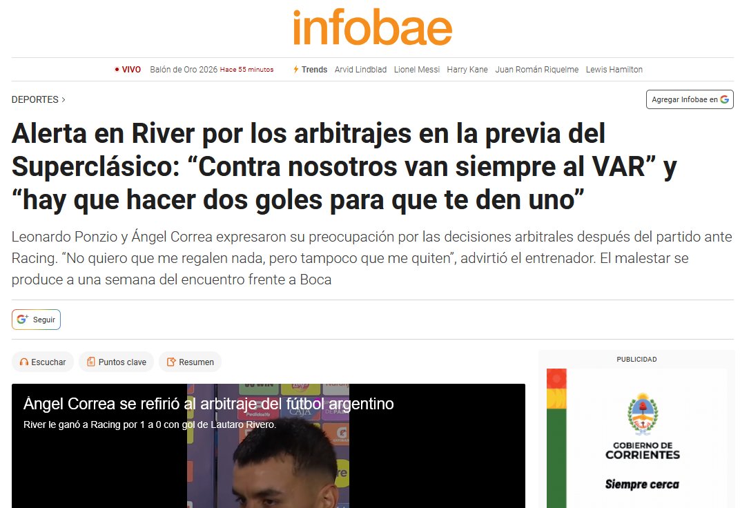 ldemer's tweet photo. Opereta a cielo abierto: el manual de River para condicionar árbitros usando el cerco mediático.

No les alcanza con tener los arbitrajes sistemáticamente a favor —cifras récord de penales, expulsiones rivales y permisividad absoluta—: ahora redoblan la presión pública para blindarse.

Miren las capturas. Es un nado sincronizado obsceno donde confluyen directivos de medios hegemónicos, canales deportivos y operadores del poder político operando la misma agenda en simultáneo.

Vivieron históricamente amparados por el establishment y lloran persecución. 

De los 30 equipos de Primera, 29 compiten en la cancha; uno solo corre con el caballo del comisario y la complicidad de la prensa amiga.