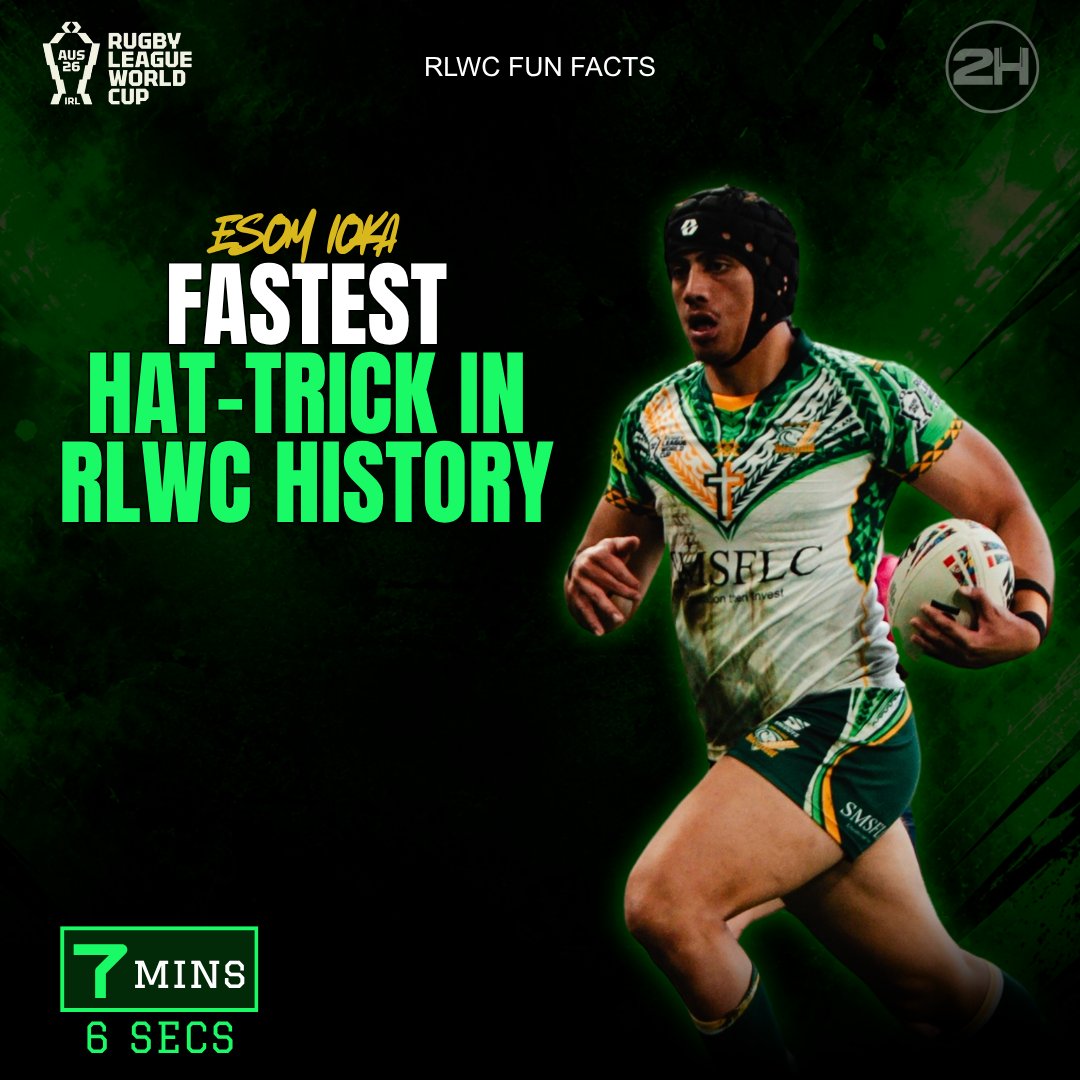twohalves2h's tweet photo. 🏆 RLWC 2026 | FUN FACTS

ESOM IOKA MAKES WORLD CUP HISTORY!

Cook Islands winger Esom Ioka scored the fastest hat-trick in Rugby League World Cup history, crossing for three tries in just 7 minutes and 6 seconds!

An incredible individual achievement from the Cook Islands winger!

#RLWC2026 #NRL #EsomIoka #CookIslands #Kukis #RugbyLeagueWorldCup #TwoHalves
