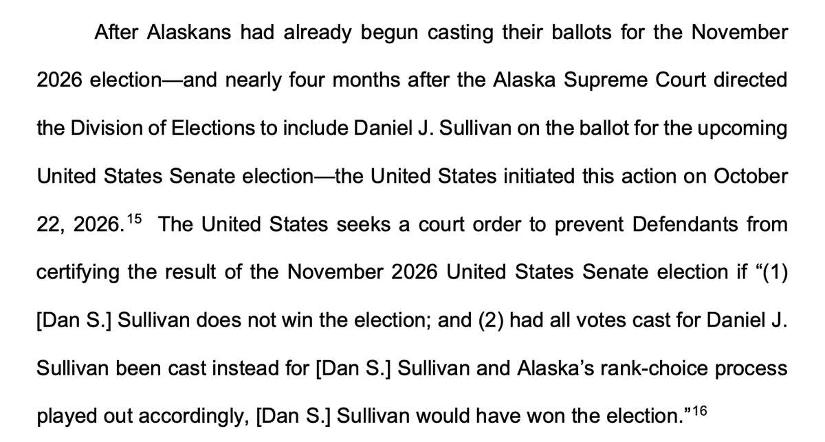 kyledcheney's tweet photo. JUST IN: Judge Gleason in Alaska sounds deeply skeptical of DOJ's 11th hour lawsuit there to halt certification if Sen. Dan Sullivan loses.

She grants Dems' motion for expedited consideration and notes DOJ waited four months to sue over the ballot. https://t.co/W13qa3LiRk https://t.co/tyjW9OQvZb
