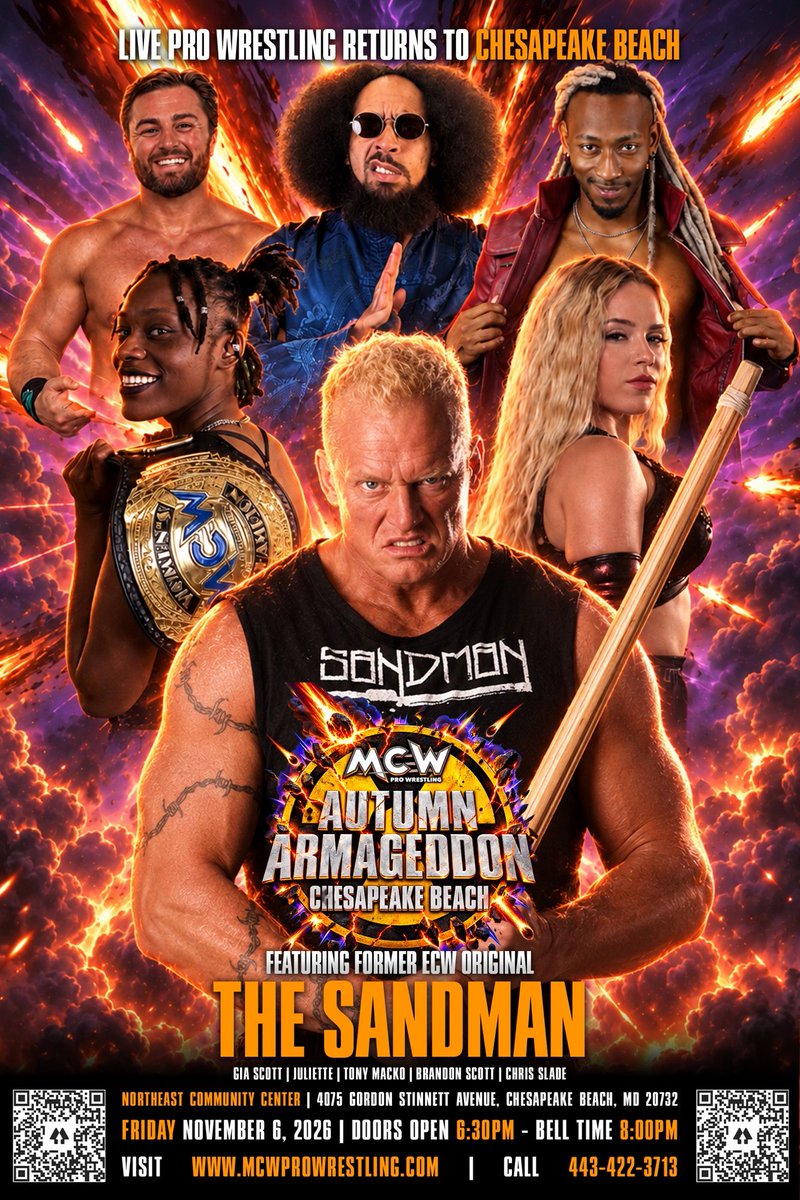 MCWWrestling's tweet photo. 🤘 EXIT LIGHT. ENTER NIGHT. ENTER SANDMAN! 🍺🔥

🚨 BREAKING NEWS — A HARDCORE LEGEND IS COMING TO CHESAPEAKE BEACH! 🚨

Due to circumstances beyond our control, former #WWE Superstar The @Real1 (nZo) will no longer be appearing at #MCWAutumnArmageddon on Friday, November 6th.

But when one door closes, another gets kicked off its hinges! 💥

#MCWProWrestling is proud to announce that #ECW ICON, HARDCORE LEGEND, and former WWE/WCW Superstar @SANDMANPOD is coming to Southern #Maryland! 🍺🤘

One of the most recognizable and unpredictable personalities in professional wrestling history, The Sandman helped define an entire era of hardcore wrestling! From the unforgettable entrance to the Singapore cane, this ECW Original is bringing his legendary attitude to MCW Autumn Armageddon!

🔥 FRONT ROW TICKETS JUST GOT EVEN BETTER! 🔥

🎟️ ALL FRONT ROW TICKETS INCLUDE A VIP MEET & GREET WITH THE SANDMAN!

That’s right! Get up close and personal with a true hardcore wrestling icon as part of your front row experience!

💥 PLUS, an action-packed lineup featuring your favorite #MCW stars, hard-hitting matches, unforgettable moments, and the excitement that ONLY live professional wrestling can deliver!

📍 Northeast Community Center
4075 Gordon Stinnett Avenue
Chesapeake Beach, Maryland 20732

📅 FRIDAY, NOVEMBER 6, 2026
🚪 Doors Open: 6:30 PM
🔔 Bell Time: 8:00 PM

🚨 DON’T WAIT — SECURE YOUR SEATS TODAY! 🚨

There’s nothing like the sights, sounds, and excitement of #LIVE MCW Pro Wrestling! Bring your friends, bring your family, and experience one of the most exciting and affordable nights of live entertainment in Southern Maryland!

👨‍👩‍👧‍👦 SAVE WITH THE FAMILY 4️⃣ PACK! Bring the whole crew without breaking the bank!

🎟️ TICKETS ON SALE NOW!
👉 https://t.co/pIIkBSc7YC

🔥 THE SANDMAN IS COMING. AUTUMN ARMAGEDDON IS COMING. CHESAPEAKE BEACH WILL NEVER BE THE SAME!