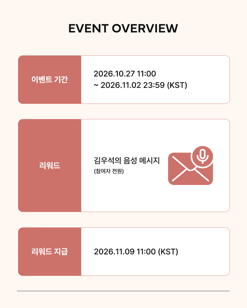 hiand_official's tweet photo. [EVENT]
HAPPY BIRTHDAY KIM WOO SEOK! 🎂
10월 27일, 김우석의 생일을 함께 축하해주세요!

생일 축하 전용 보드에 김우석에게 전하는 편지를 남겨주세요.
참여하신 모든 분께 김우석이 준비한 특별한 선물을 드립니다!
🔗https://t.co/2ZvhTgR5e9

🚩 이벤트 기간
2026.10.27 11:00 ~ 2026.11.02 23:59 (KST)
🚩 리워드
김우석의 음성 메시지 (참여자 전원)

#김우석 #KimWooSeok
#하이앤드 #HIAND