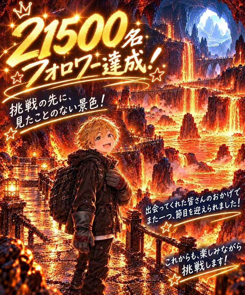 urushisan2's tweet photo. 21400→21500名達成です！😊🎉
更に炎の洞窟を進みます🚶‍♂️

今日は非常に忙しい日なので、ほとんどなにもできないかもしれませんが、できうる限り隙を見つけて炎の洞窟を進んでいきたいと思います🫡

皆様方のお陰で順調に進めているので、引き続き応援のほどよろしくお願いいたします🙏 https://t.co/673ugOMW6A
