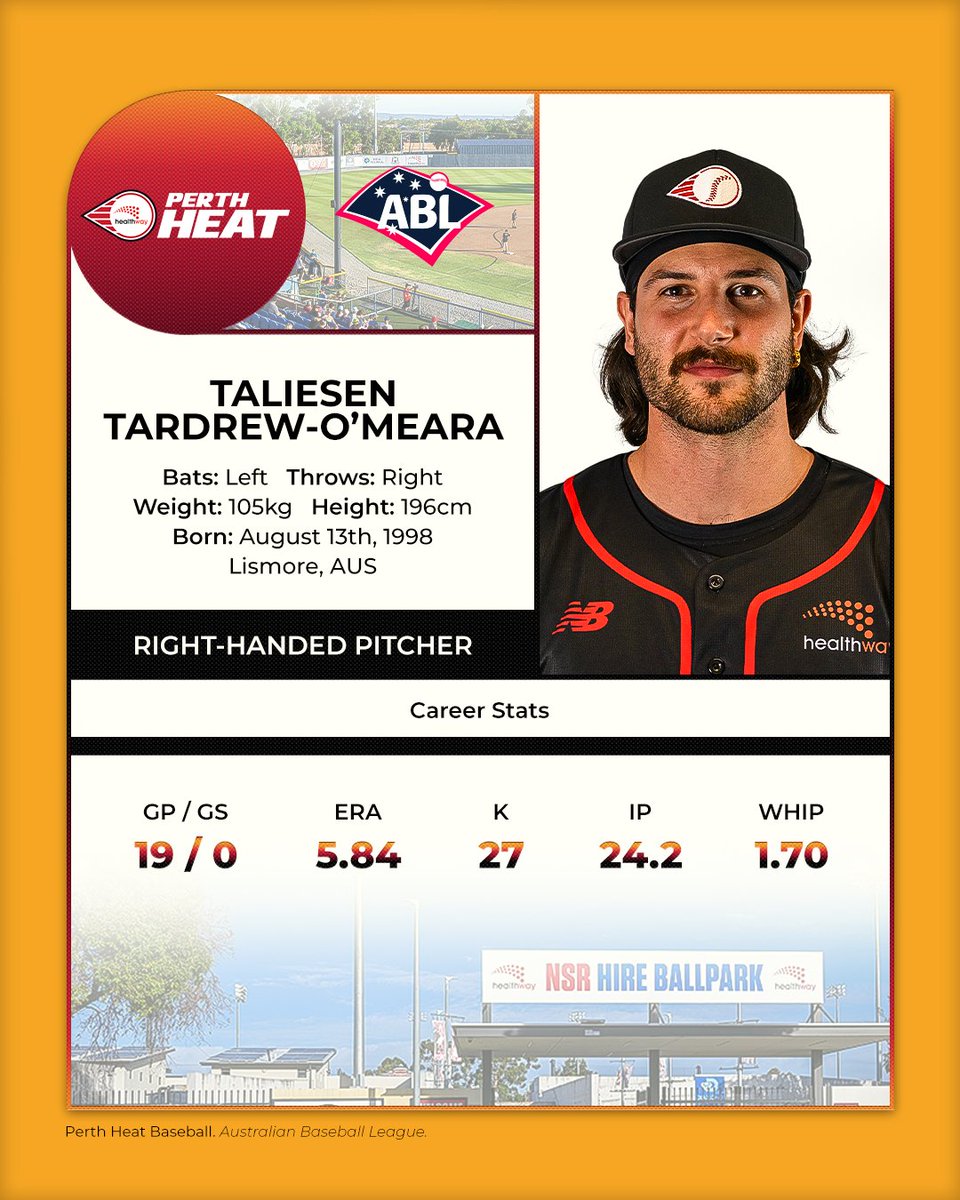 PerthHeatABL's tweet photo. Back in the Heat. π₯
After joining Perth during the 2025/26 ABL season, right-hander Tal Tardrew-OβMeara recorded a 3.77 ERA across nine relief appearances while limiting opposing hitters to a .184 average.
π https://t.co/Vyi3XdFIxV
#PerthHeat #CatchTheHeatWave https://t.co/qOow96KmzV