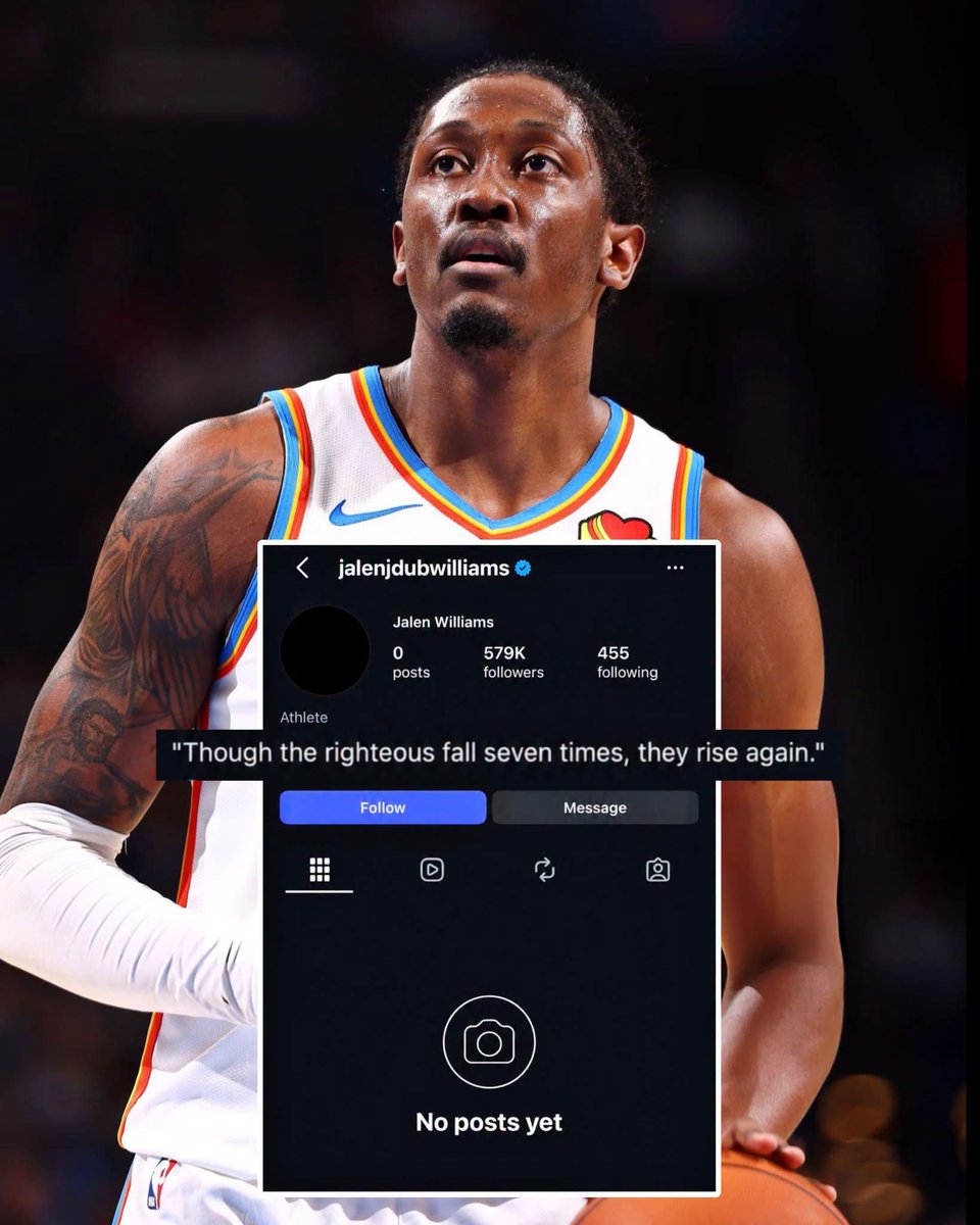 BBallGround's tweet photo. Jalen Williams has deleted all his Instagram posts, switched his profile picture to a black screen, and changed his bio to:

“Though the righteous fall seven times, they rise again.” 

Hoping for the best for J-Dub 😢🙏 https://t.co/GShhbzOu74