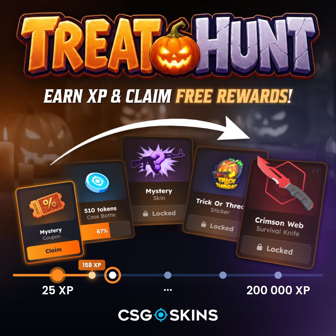 CSGOSKINS_COM's tweet photo. 🎃 Treat Hunt is here! 🍬

Earn XP through your activity on the site and unlock a bunch of free rewards: coupons, skins, cases, charms, and plenty more treats await! 🤩🔥

Ready to claim your rewards? 🙌
