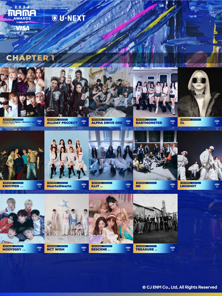 oricon's tweet photo. BIGBANG、ENHYPEN、ILLITら出演❗
京セラドーム『2026 MAMA AWARDS』
U-NEXT日本独占生配信決定
⠀
出演アーティスト＆プレゼンター一覧
https://t.co/stAQO6myMy
⠀
🎤1日目
ALLDAY PROJECT、ALPHA DRIVE ONE、BABYMONSTER、CL、ENHYPEN、Hearts2Hearts、ILLIT、INI、LNGSHOT、MODYSSEY、NCT WISH、RESCENE、Street World Fighter：Directors’ War、TREASURE
⠀
🎤2日目
BIGBANG、CORTIS、HWASA、IVE、izna、KO1KEYZ、KiiiKiii、LE SSERAFIM、NAYEON（TWICE）、ZEROBASEONE、WOODZ、&TEAM
