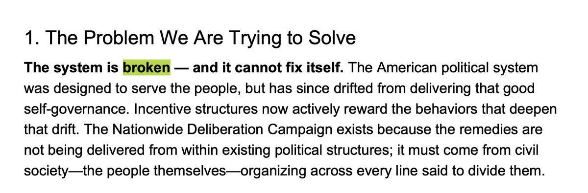 DataRepublican's tweet photo. Governor Newsom on 17 October: "The whole - the system's broken. It's completely unbalanced. And you can't - we can't manage the decline. We have to completely reimagine."

Then within the files, I see very similar language: "The system is broken — and it cannot fix itself." 

Does that mean the specific ex-USAID workers we've been tracking are controlling Newsom? No. But as you've seen throughout these files, every individual in the ecosystem belongs to multiple NGOs and alliances. They network constantly. They attend each other's conferences. They form coalitions on similar projects. They give each other feedback. That's how they develop a hive mind. 

The proposed methods may differ from group to group, but they are all converging on one goal: America governance must be rewritten from top down, and soon.