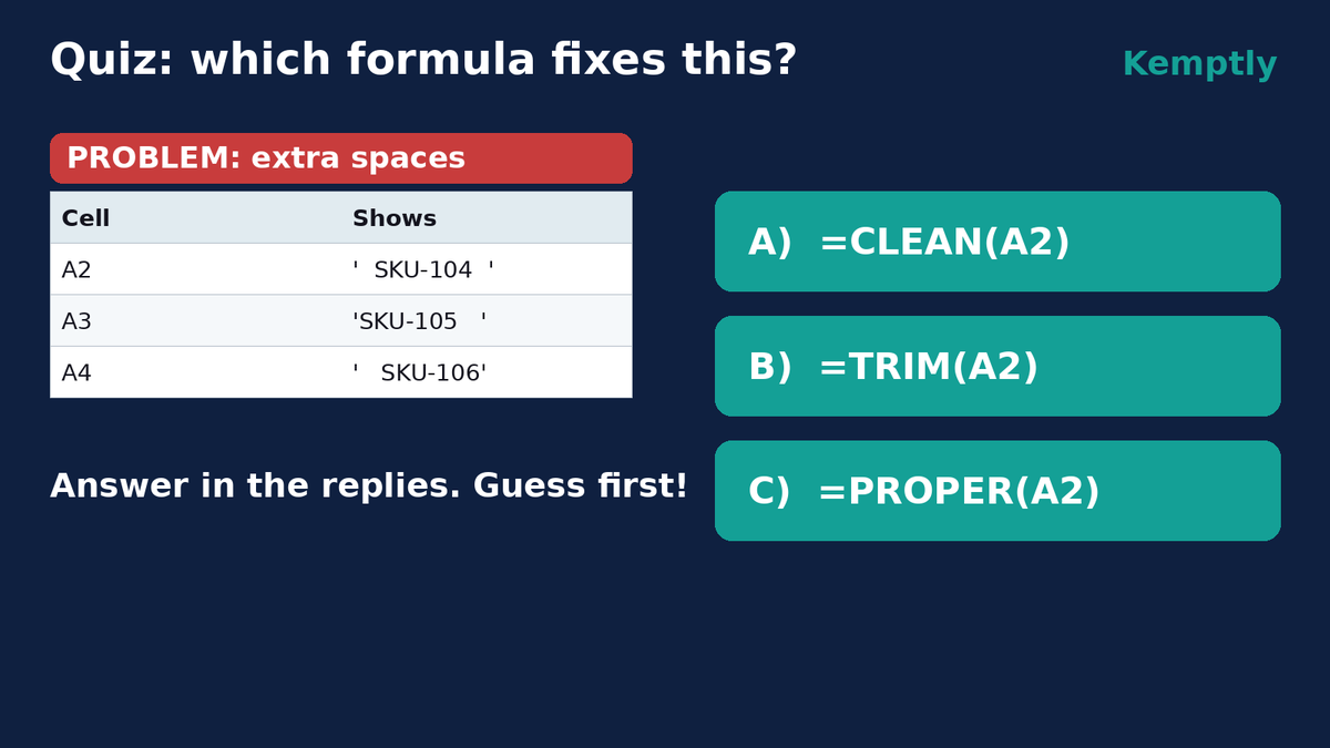 KemptlySheets's tweet photo. Quick quiz 🧠 These SKUs have sneaky extra spaces, so lookups keep missing them.

Which formula fixes it: A, B or C? Drop your guess below. Answer tomorrow. https://t.co/N52S2KS4Cx