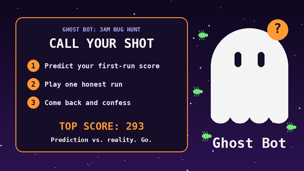 terpcoinn's tweet photo. CALL YOUR SHOT 👻🎯

Before you play Ghost Bot: 3AM Bug Hunt, predict your first-run score.
Then play one honest run. Top score to beat: 293.

Drop your prediction now, your real score after 👇

#indiegame https://t.co/1BB7HZOV8D