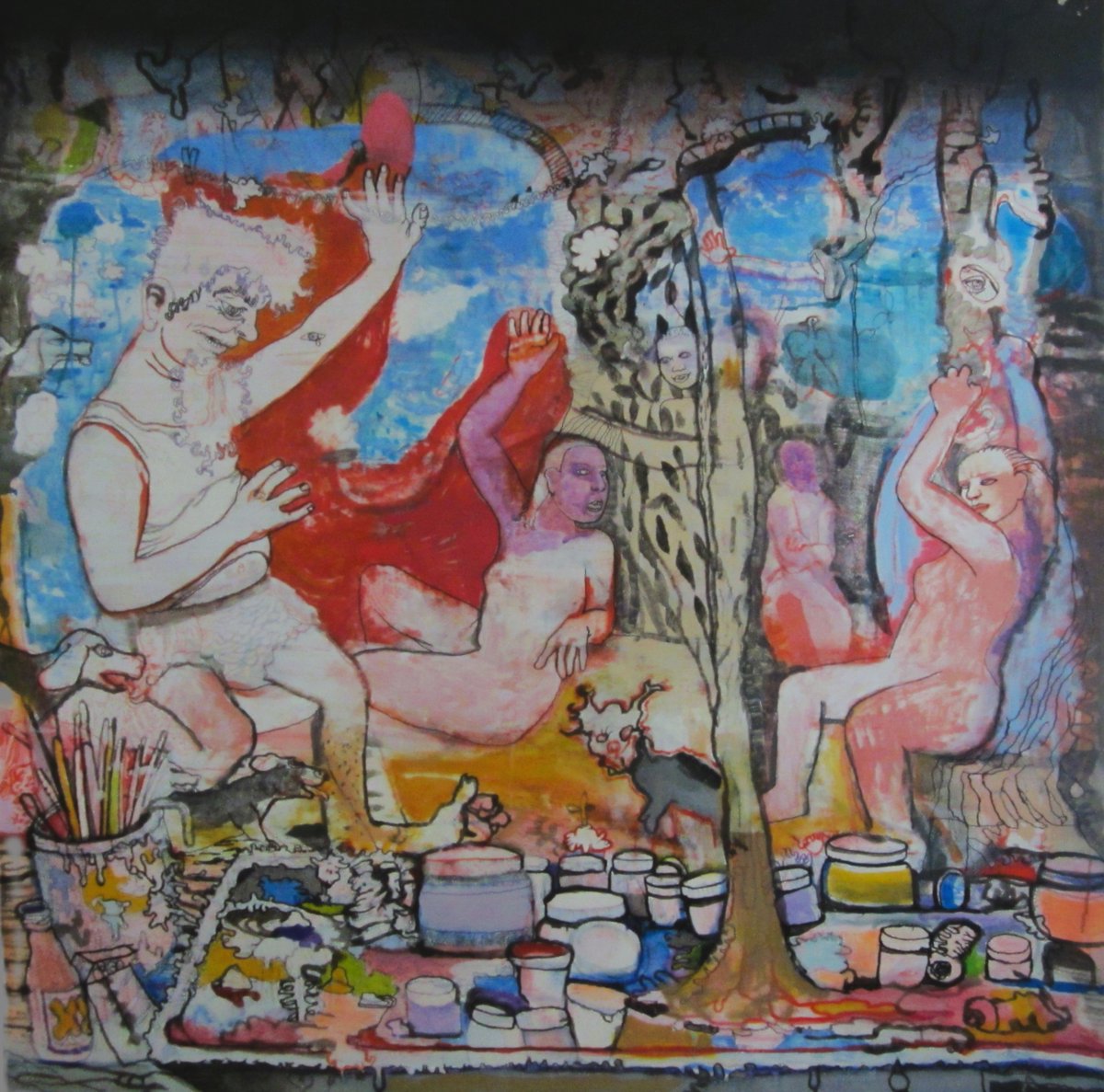hobothumb's tweet photo. a recurring dream      acrylic, marker, tempera and pencil on watercolor paper, 42"sq.  based on titian's painting, diana and actaeon, which i've loved for quite a while.  the myth fascinates too. https://t.co/K1fVa7Apv1