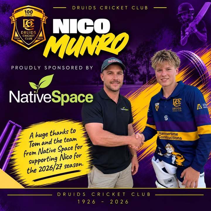 DruidsCC's tweet photo. 🏏 PLAYER SPONSOR | NICO MUNRO

We're excited to welcome Native Space as the 2026/27 Player Sponsor of another of our young guns - Nico Munro! 💜💛  

A huge thanks to Tom and the team from Native Space team for backing Nico 🌿

🌐 https://t.co/utPVDDtKsL

#Druids100 https://t.co/DQiDszdGeL