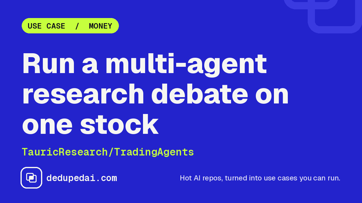 dedupedai's tweet photo. Stop asking one chatbot whether to buy a stock.

TradingAgents makes LLM agents argue first: four analysts, a bull and a bear, a trader and a risk team.
A portfolio manager approves or rejects, on a simulated exchange.

Open source. 113,738 stars. https://t.co/FCwzqyBXN6