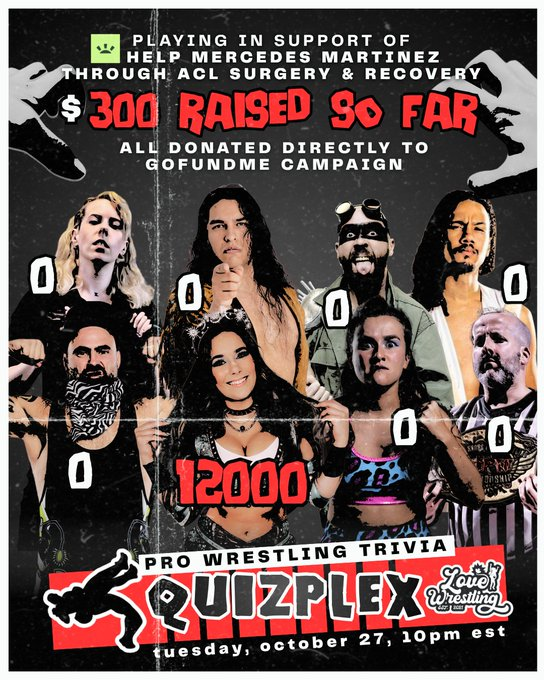 LoveWrestlingCA's tweet photo. 🚨 We're raising money for @RealMMartinez  TOMORROW NIGHT on Quizplex!

Every $5 donated will help buy bonus points for your favourite player, and as you see, @KaiaMcK has a commanding lead!

Who are YOU rooting for in Halloween wrestling trivia? https://t.co/2xvnm8zz4k