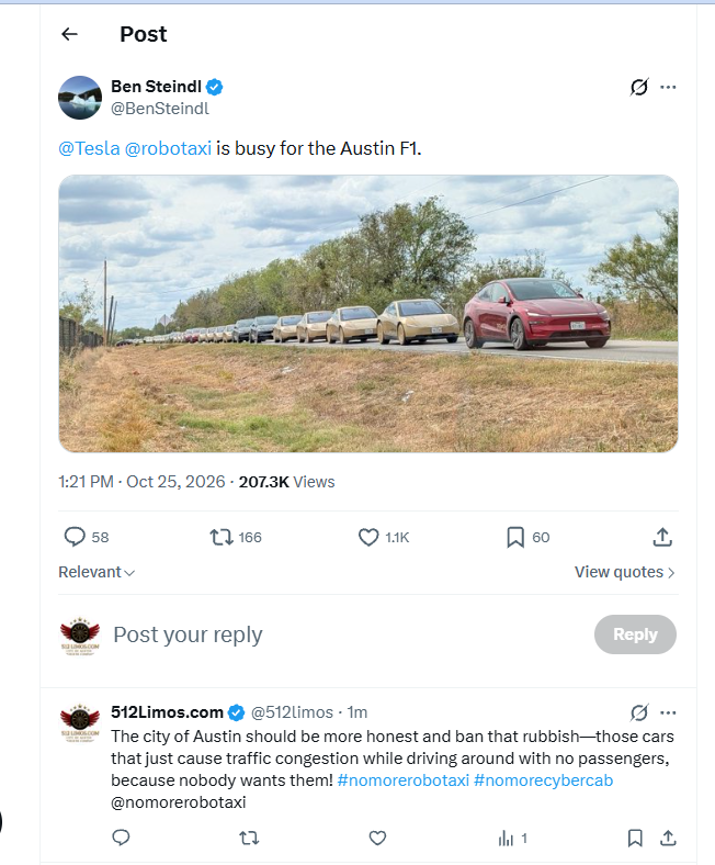 512limos's tweet photo. @austintexasgov @GovAbbottPress @GovAbbott_TX @GregAbbott_TX @TxDOT @MarcWilliamsTX   Look at this picture from Formula 1 weekend in Austin. A long line of Tesla robotaxis occupying public roads while thousands of residents, workers, and visitors are trying to get around.

Who benefits when fleets of driverless vehicles circulate without passengers, adding more cars to already congested streets?

Austin's roads are not a testing ground without consequences. Every unnecessary vehicle contributes to congestion, wastes road capacity, and creates additional challenges for professional transportation operators who actually have passengers to serve.

Technology should improve transportation, not make traffic worse.

We support innovation, but innovation must come with accountability. Robotaxi companies should be transparent about empty-vehicle mileage, congestion impacts, safety records, and how their fleets affect local transportation.#AustinTraffic #Robotaxi #TeslaRobotaxi #NoMoreRobotaxis 

#AustinTraffic #Robotaxi #TeslaRobotaxi #NoMoreRobotaxis #AustinTexas #512Limos