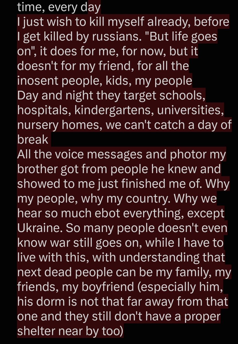 Estniya's tweet photo. I'm sick, russians bombed dorm in Kyiv tonight, students who tried to get to the shelter died, my brother got so many messages from friends who live there or near there about just seeing dead bodies and severely wounded students 
Everything just gents worse, all the https://t.co/DLyAtemwFW