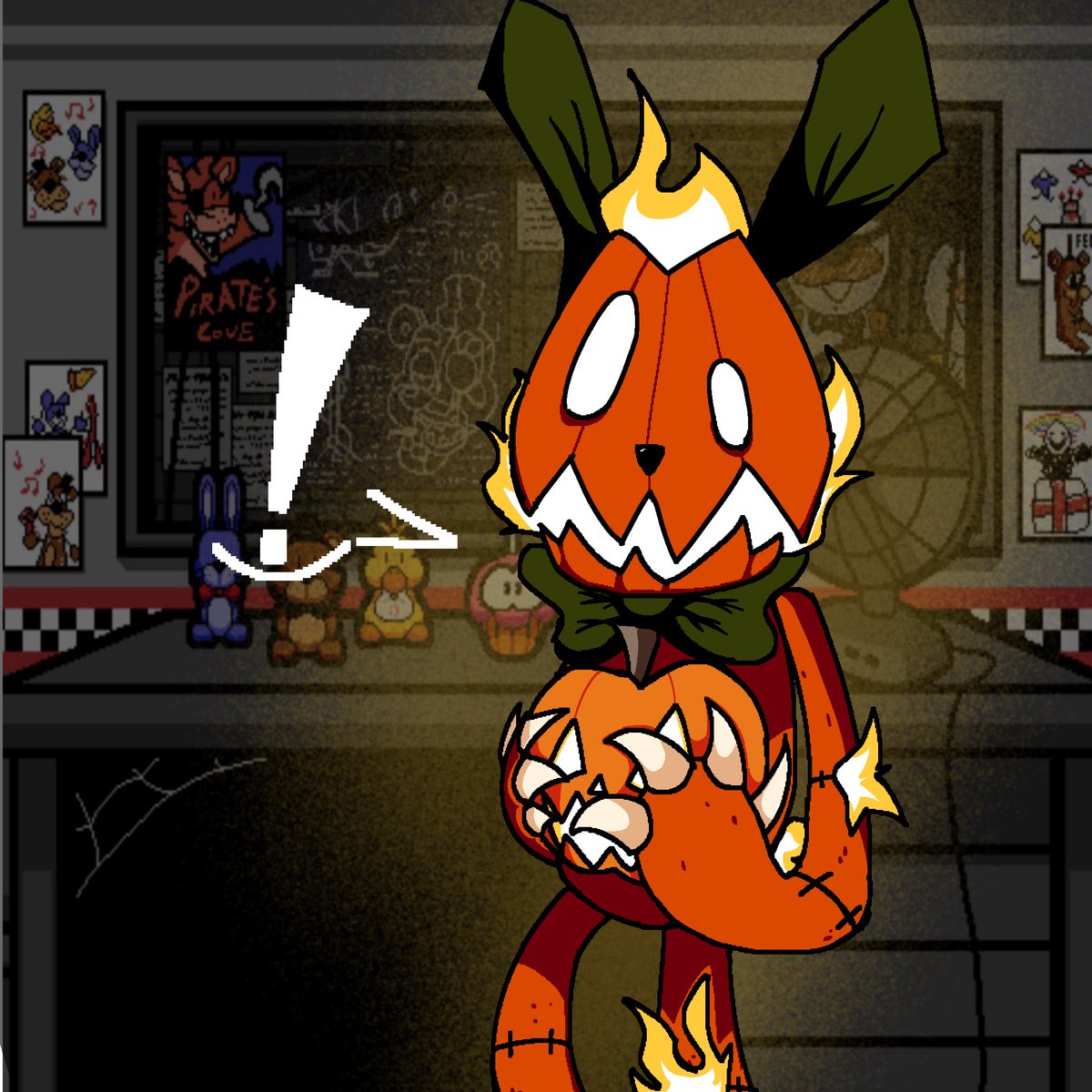 JackolanternBun's tweet photo. [You notice your temperature rising..and turns out it’s Jack-O-Bonnie trying to decorate your office!]
“HELLO, THERE.”
[INT. BAIT] https://t.co/F7I7JdisOJ