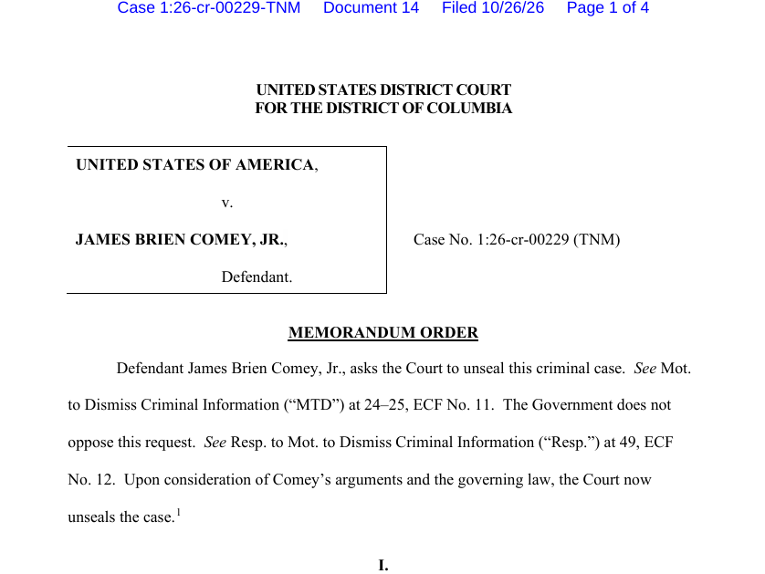 julie_kelly2's tweet photo. Jim Comey asked to unseal the case. DOJ did not oppose. Judge McFadden consented to it today. https://t.co/rzFwh236VL
