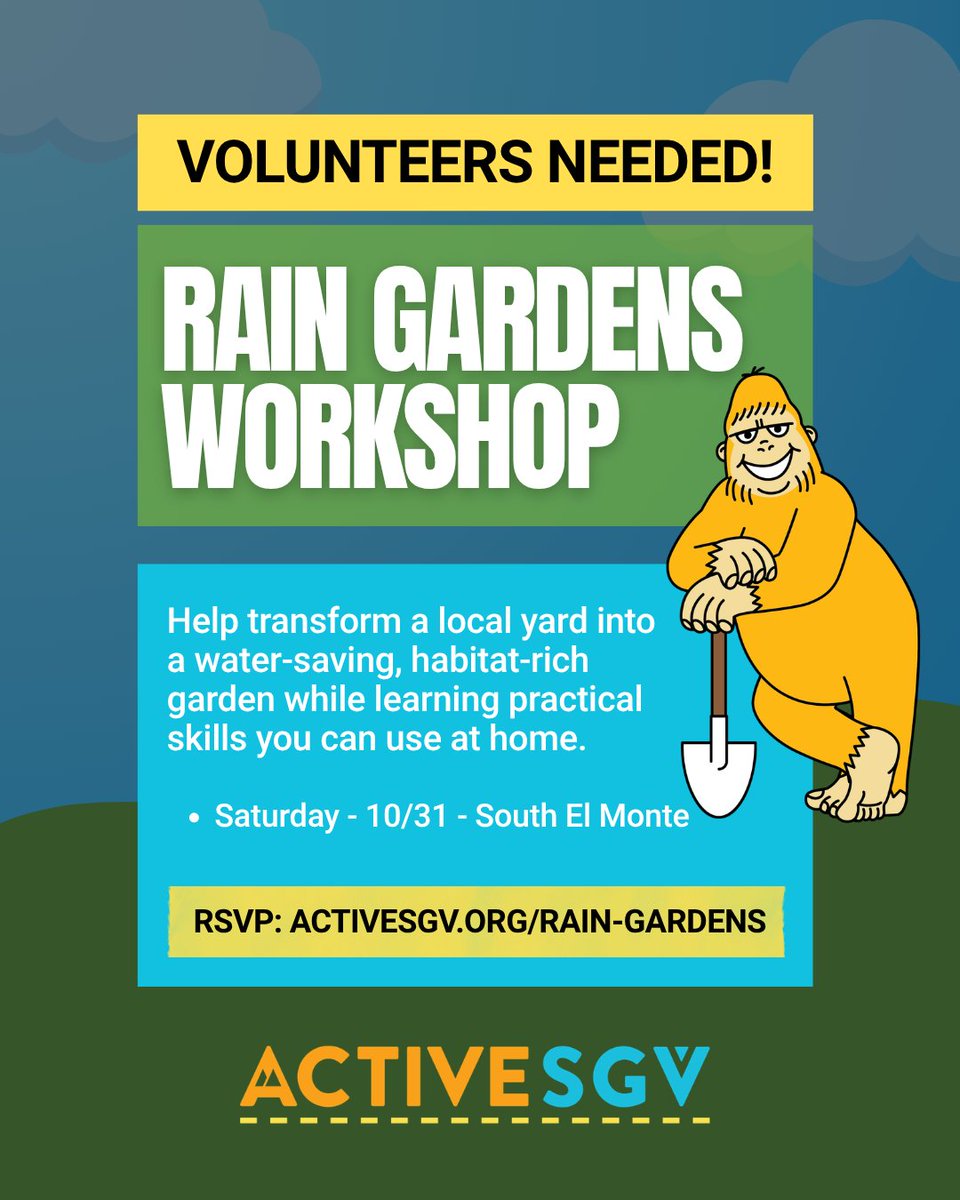 ActiveSGV's tweet photo. Be a treat to your neighborhood this Halloween! 🌱👻

We've got a boo-tiful way to give back! Join us for a Rain Garden Workshop this Saturday and help turn a local yard into a water-saving, wildlife-friendly garden! 🎃 

RSVP: https://t.co/wszJOShw44 https://t.co/XxVn5L4Ksb