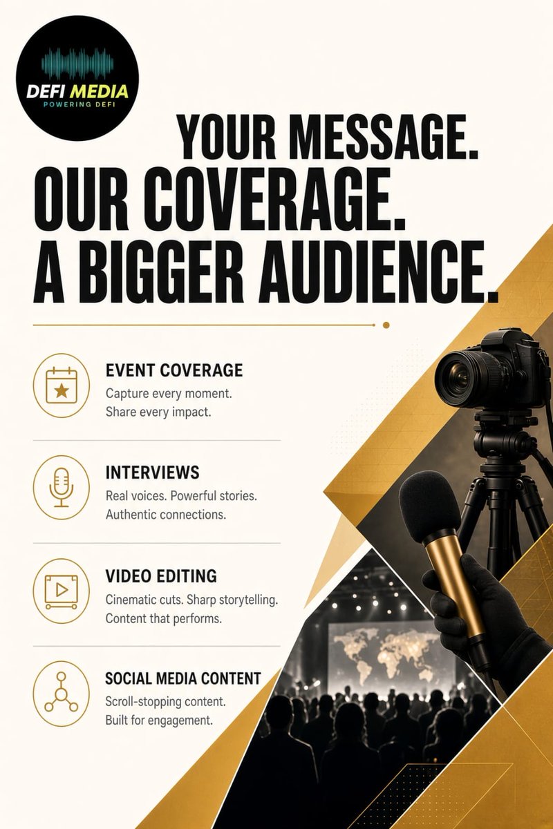 defimediaio's tweet photo. Real Talk. No Filter. 🎙️
At DeFi Media we don’t just cover Web3, Crypto &amp; DeFi 
we tell the stories that actually move the space.

Event coverage.
Content that educates and connects.
Your message.
Our coverage.

A bigger audience.
Ready to amplify your project?
DM us. https://t.co/ASG7b7L8TP