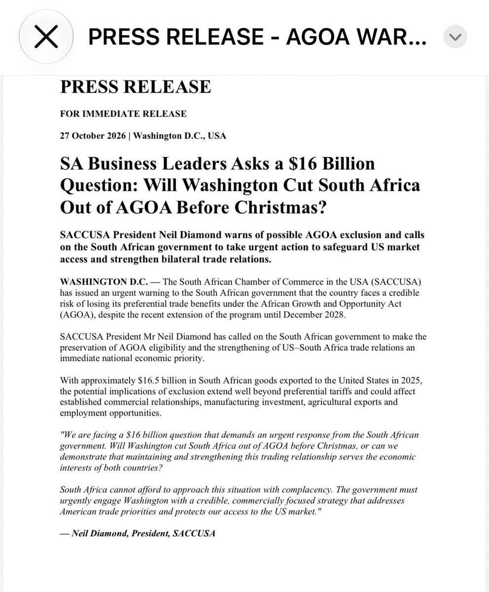 sherwiebp's tweet photo. The South African Chamber of Commerce in the USA (SACCUSA) has issued an urgent warning to the South African government that the country faces a credible risk of losing its preferential trade benefits under the African Growth and Opportunity Act (AGOA), despite the recent extension of the program until December 2028.

SACCUSA President Mr Neil Diamond has called on the South African government to make the preservation of AGOA eligibility and the strengthening of US–South Africa trade relations an immediate national economic priority. 
 
#sabcnews