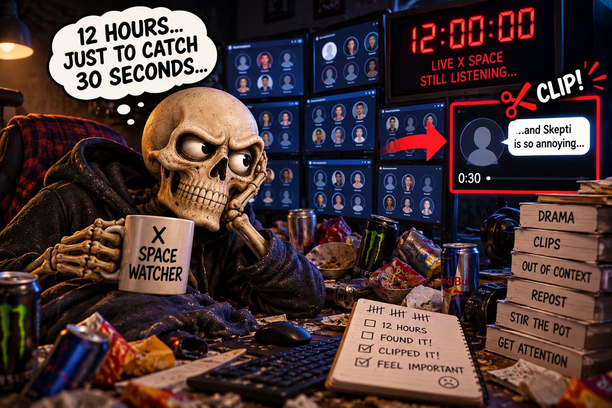 SkeptiSkullz's tweet photo. Imagine spending hours and hours sitting in someone else's X Space, desperately waiting for them to mention your name.

Hours and hours 😂

And then, FINALLY, someone says something about you or your master. Thirty seconds of conversation, and suddenly it's BREAKING NEWS!

Quick! Clip it! Post it! Tell everyone! The world needs to know!

Seriously, how sad does your life have to be when you're spending half your day monitoring people you supposedly can't stand?

That's not exposing anyone. That's an obsession disguised as investigative journalism.

Here's a radical idea. If you don't like someone, don't listen to them. Go outside. Get a hobby. Talk to someone who actually likes you.

Because spending 12 hours hunting for 30 seconds of outrage isn't the flex you think it is.

Congratulations. You've successfully wasted half your day proving someone else lives rent-free in your head. 💀