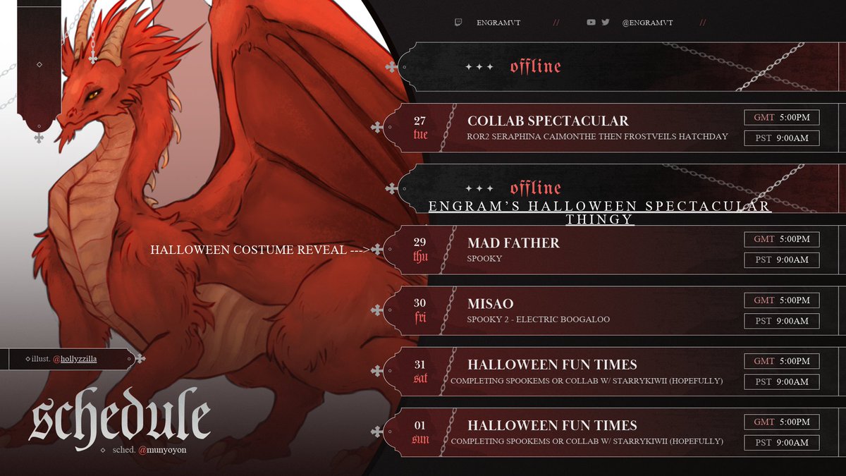 EngramVT's tweet photo. Schedule for this weeeeeeeeeeeeek

Some interesting stuff and some halloween plans :D 🎃 https://t.co/TdpiLJgvjK