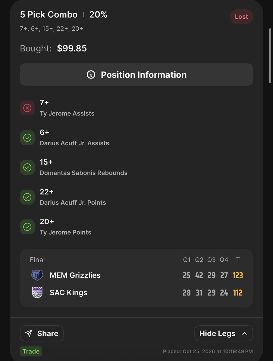 ImMakevelli's tweet photo. @DraftKings explain this.

I paid $99.85 for a 5-pick live ticket. 4 legs hit. Ty Jerome’s 7+ assists was graded ❌ but the NBA app shows 7 assists.

Support says later stat corrections don’t count so they’re keeping it a LOSS.

How is this fair? https://t.co/gdt87rRBr9