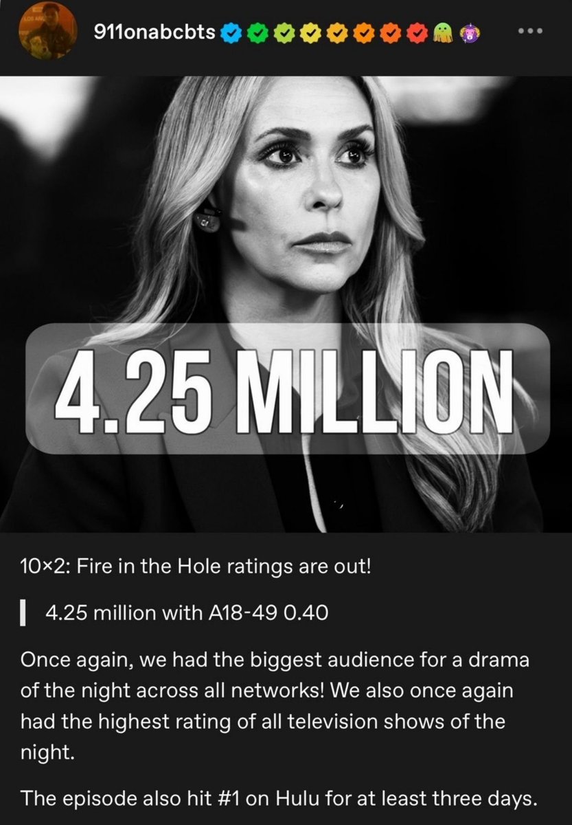 beck_buckleyy's tweet photo. i can't stop gushing over how well the s10 openers are doing...number one procedural for the night across all networks second week running??

especially in comparison to 9x02 spiraling? and another week being # 1 on hulu? i hope 10x03 keeps it going because this is amazing 🌋 https://t.co/4ZuIKh1ZvN