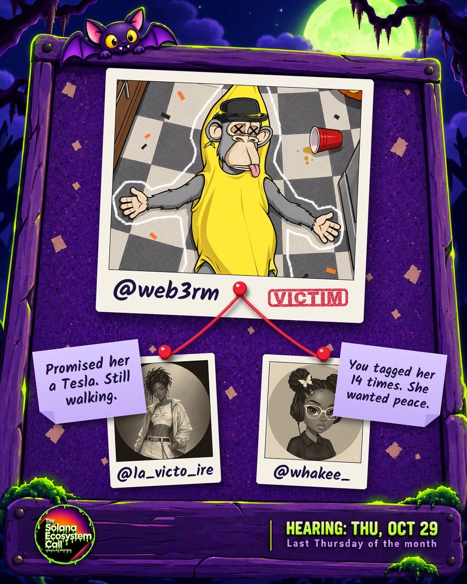 Web3RM's tweet photo. I was murdered at the Ecosystem Call Halloween Party. Who did it?

My prime suspects are @la_victo_ire and @whakee_

Find out who murdered you on https://t.co/p3OkRsQ2FK! https://t.co/8qNhkozfu0