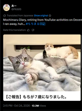 Brekfres's tweet photo. HOLY FUCK THIS IS GOOD FOR THE META

MOST VIRAL ANIMAL RIGHT NOW IN JAPAN, 14M VIEWS IN ONE DAY:
https://t.co/4Oapy4Xz1V

Mochimaru is Japan's most famous cat for most watched cat on YouTube

She just retired, and her last post blew up with 14M views

Even the news is covering it:
https://t.co/ytpvJWcuzo

Check the search:
https://t.co/luCjwCTGDR