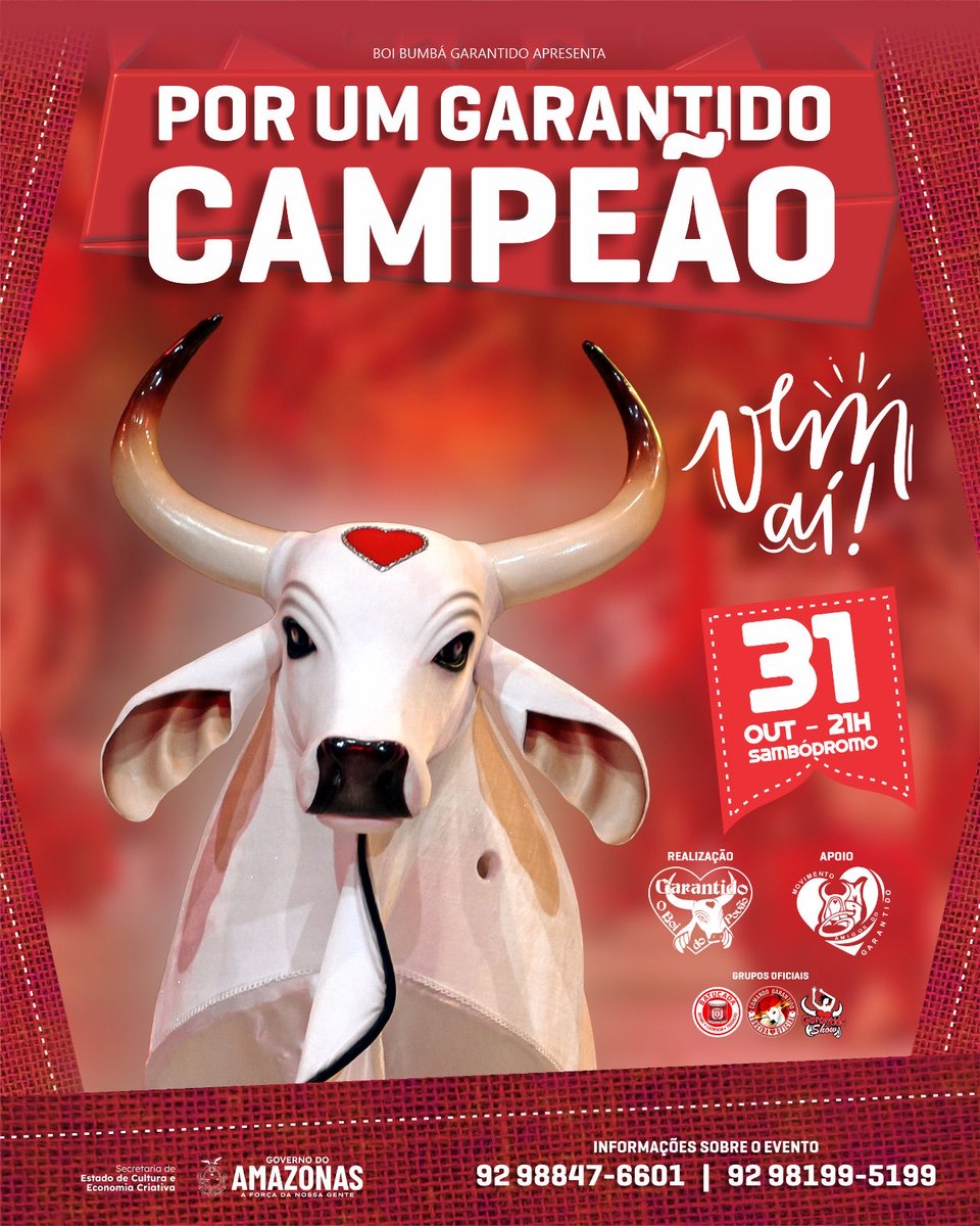garantido's tweet photo. Atenção, nação vermelha e branca! Nesse sábado, 31 de outubro, estamos preparando uma grande festa no Sambódromo de Manaus, “POR UM GARANTIDO CAMPEÃO”. 

Preparem-se para uma noite fantástica com a presença de todos os itens oficiais, celebrando a imensa paixão pelo+ https://t.co/LEzBisyuYU
